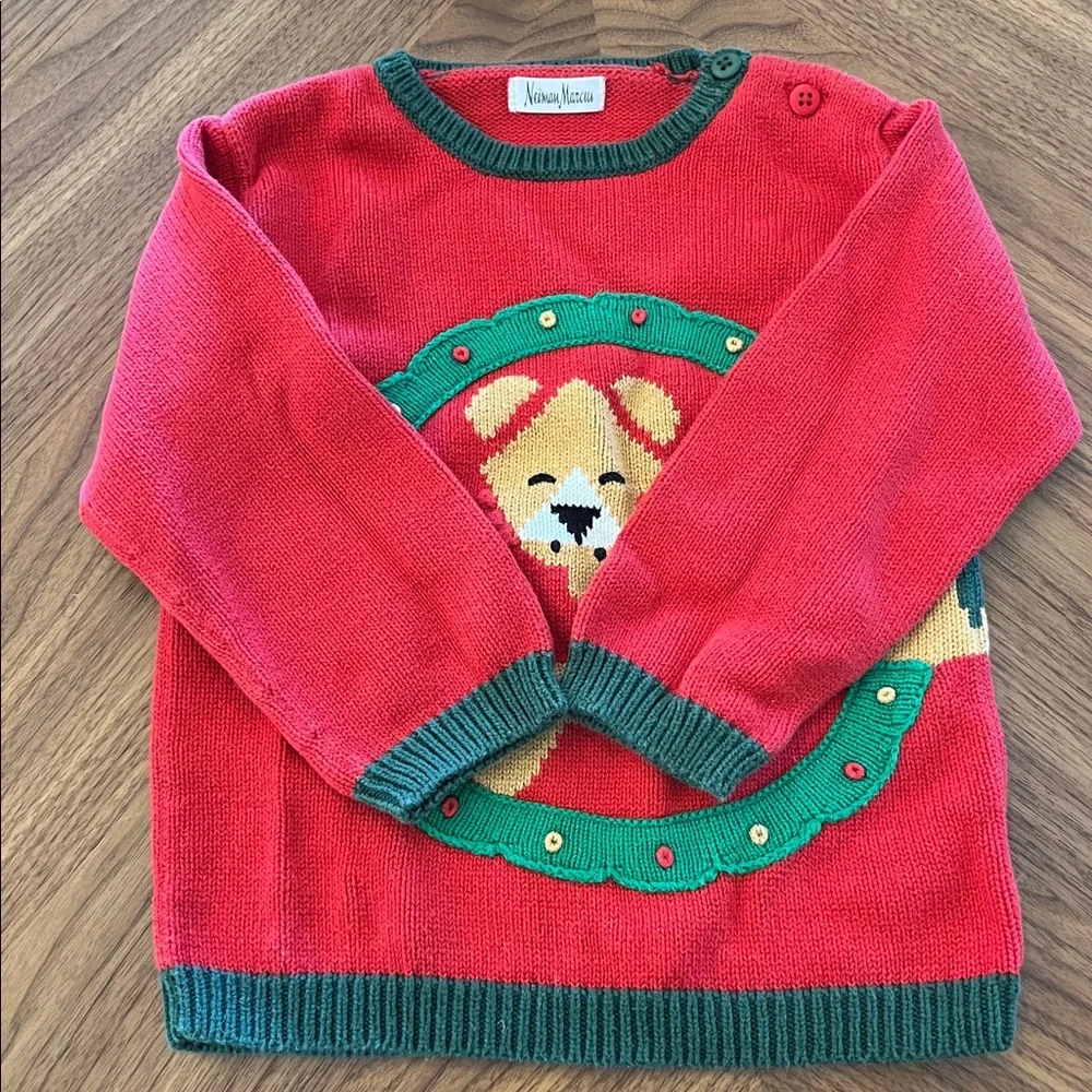 Nieman Marcus Red Christmas Holiday Sweater with Tiger in Wreath Cotton 2/3